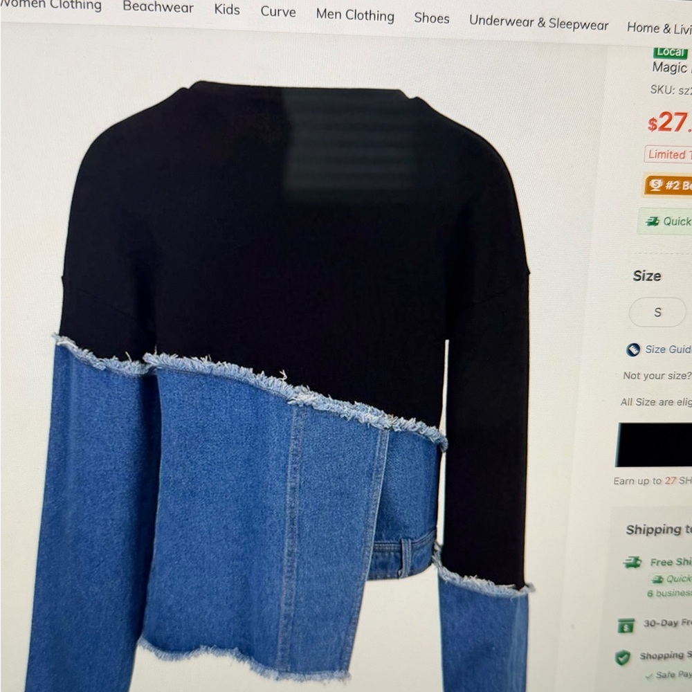 SHEIN Black and Blue Denim Contrast Top - Picture 3 of 3